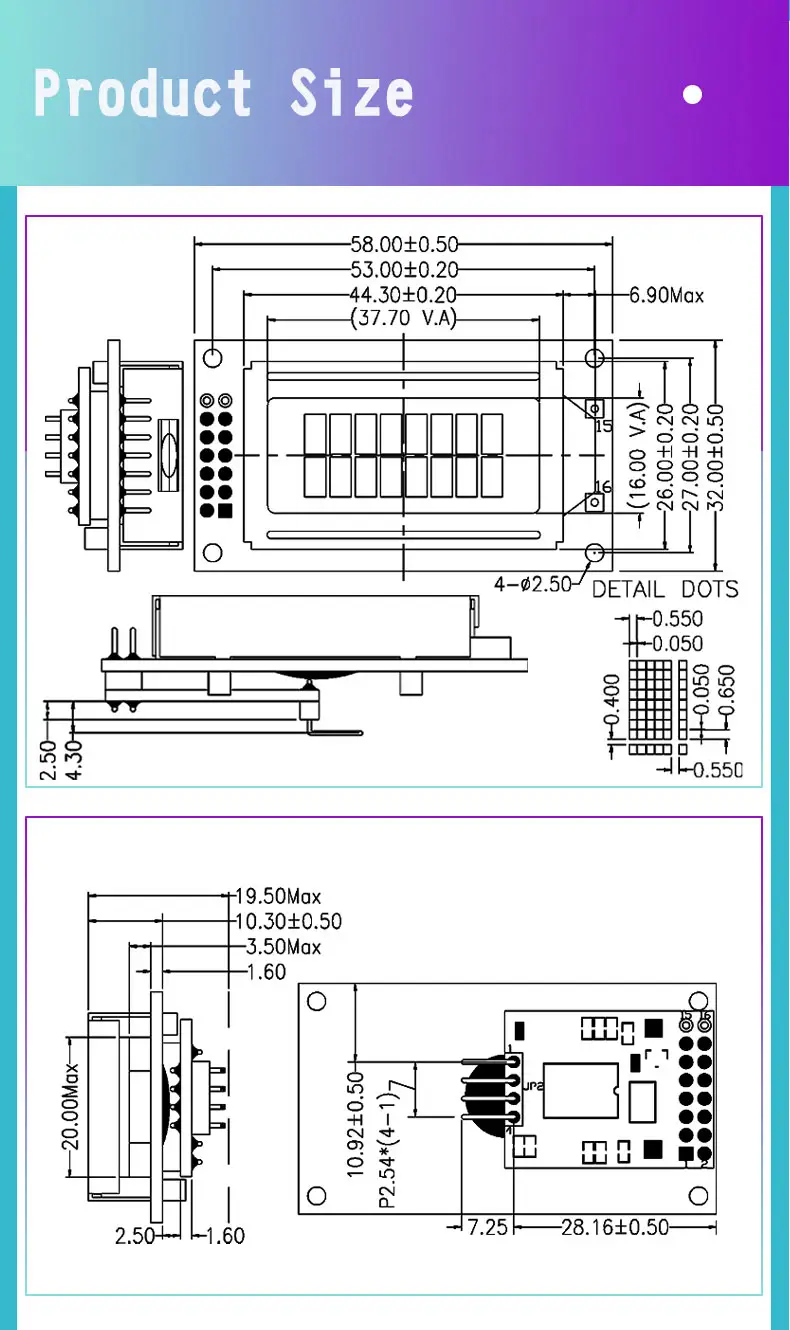 8x2 dot matrix LCD